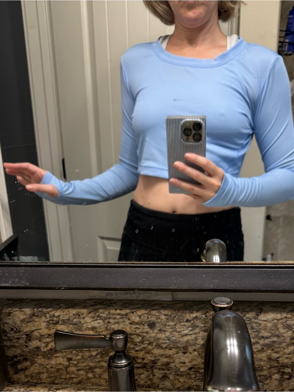 Nicole Miller Sky Blue Long-Sleeve Cropped Top